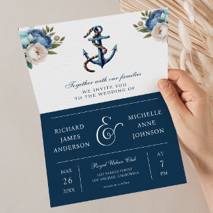 Marineblaue florale Anker-Hochzeit mit allem in ei Einladung