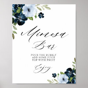 marineblaue florale Brautparty Mimosa-Bar-Schild Poster