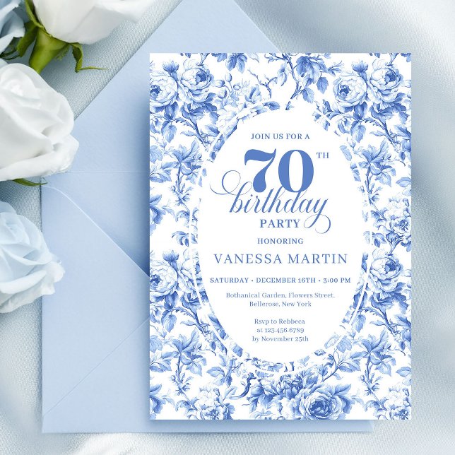 Marineblaue Florale Chic-Einladung zum 70. Geburts Einladung (Navy Blue Floral Chic 70th Birthday Invitation)