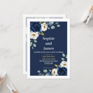 Marineblaue Florale Elegante Hochzeits-Einladung Einladung