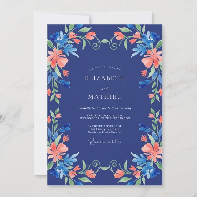 Marineblaue Florale Hochzeit Einladung (Vorderseite)
