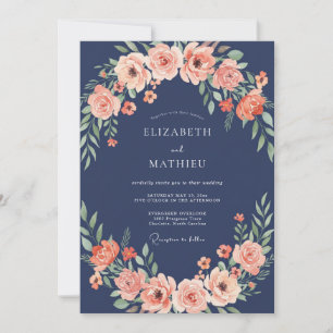 Marineblaue Florale Hochzeitskrone Einladung