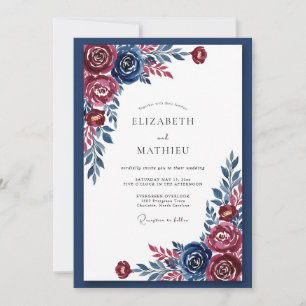 Marineblaue Florale Hochzeitsromantik Einladung