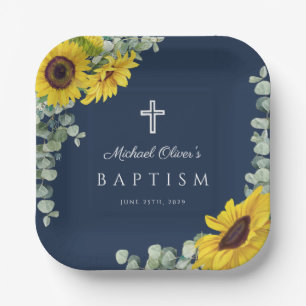 Marineblaue florale religiöse Kreuz-Taufe Pappteller