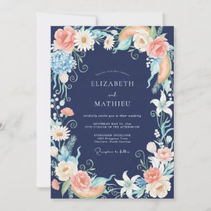 Marineblaue Florale Wasserfarben-Hochzeit Einladung