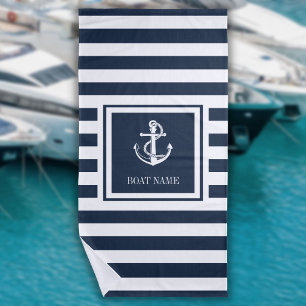 Marineblaue gestreifte nautische Anker Bootname Strandtuch