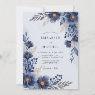 Marineblaue glänzende Blumenhochzeit Einladung