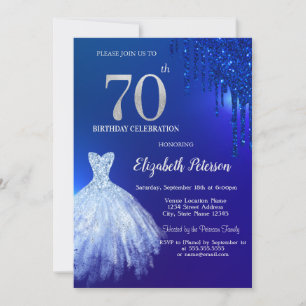 Marineblaue Glittertropfen, Kleid Blau 70. Geburts Einladung