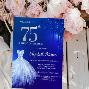 Marineblaue Glittertropfen, Kleid Blau 75. Geburts Einladung