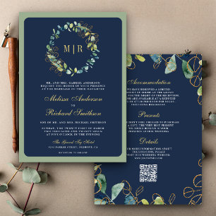 Marineblaue Gold-Eukalyptus-Kranz-QR-Code-Hochzeit Einladung