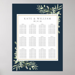 Marineblaue Gold-Grün-Hochzeit Sitzordnung Poster