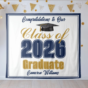 Marineblaue Goldene Abschlussfeier 2026 Fotobox Wandteppich