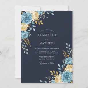 Marineblaue Goldene Florale Wasserfarben-Hochzeit Einladung