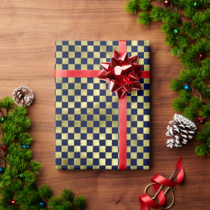 Marineblaue goldene metallische Schachbrettmuster Geschenkpapier