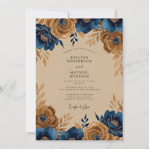 Marineblaue goldene rustikale Hochzeit Einladung