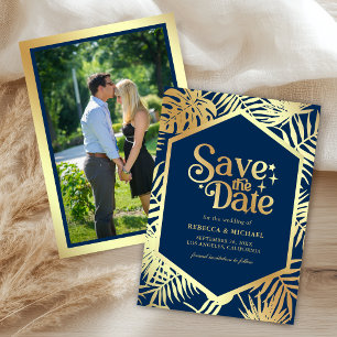 Marineblaue goldene tropische Palmhochzeitsfoto Save The Date
