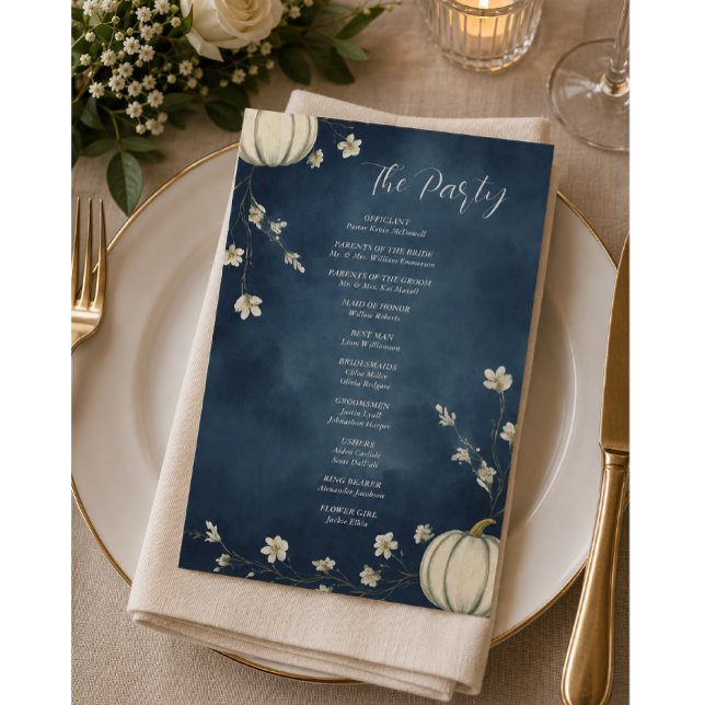 Marineblaue Herbst-Kürbis-Hochzeitsprogramm (Von Creator hochgeladen)