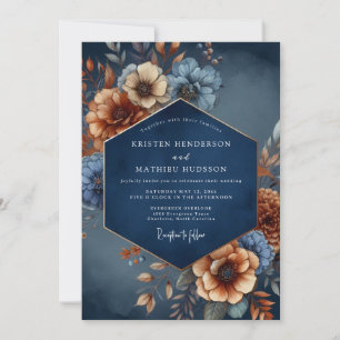 Marineblaue Herbstblumen-Hochzeitromanze Einladung