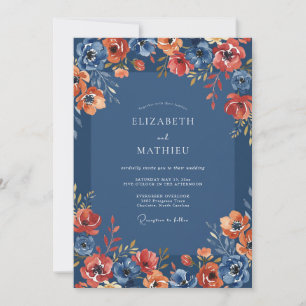 Marineblaue herbstliche Hochzeit mit Blumenmuster Einladung
