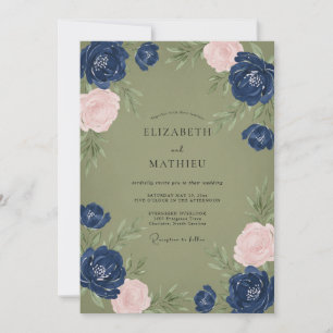 Marineblaue Hochzeit in Rosa und Oliv mit Farbeffe Einladung