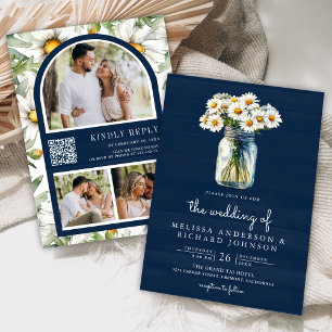 Marineblaue Holz-Daisy-Mason-Glas-QR-Code-Hochzeit Einladung