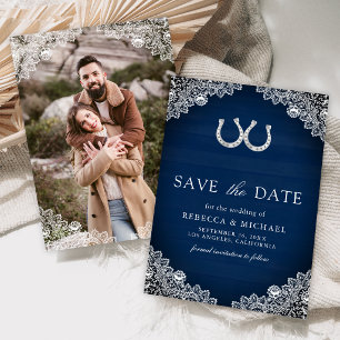 Marineblaue Holz-Hufeisen-Spitzen-Foto-Hochzeit Save The Date