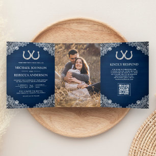 Marineblaue Hufeisen-Spitzen-Foto-QR-Code-Hochzeit Dreifach Gefaltete Einladung