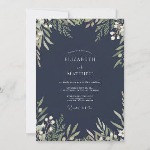Marineblaue Immergrüne Aquarell-Blumenhochzeit Einladung