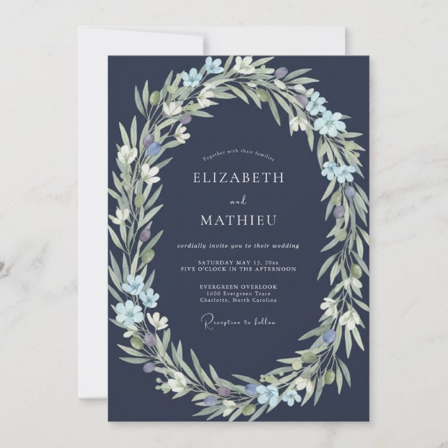 Marineblaue Indigo-Blatt-Hochzeit Einladung (Vorderseite)