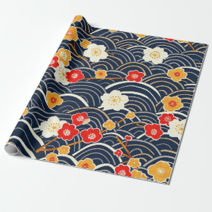 Marineblaue Japanische Welle Pflaumenblüten Blumen Geschenkpapier