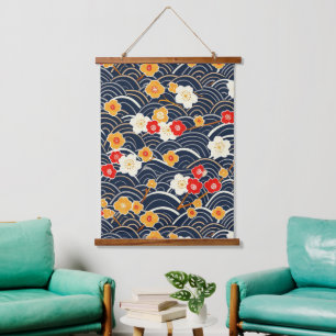 Marineblaue japanische Wellen-Pfirsichblüten-Blume Wandteppich Mit Holzrahmen