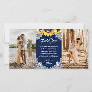 Marineblaue Jute-Spitze-Sonnenblume Foto-Hochzeit Dankeskarte