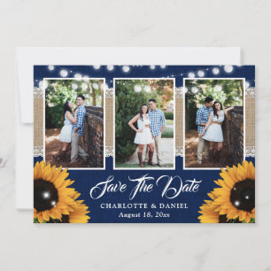 Marineblaue Jute-Spitze-Sonnenblumen-Hochzeitsfoto Save The Date