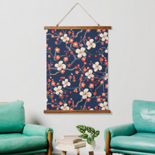 Marineblaue Kirschblüten-Japanische Blumen Wandteppich Mit Holzrahmen