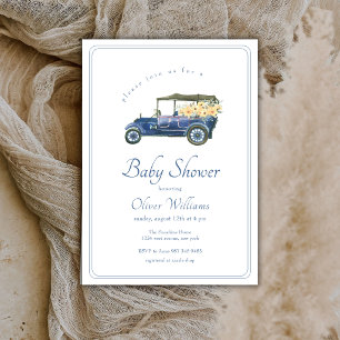 Marineblaue klassische Auto-Blumen-Fahrzeug-Baby-P Einladung