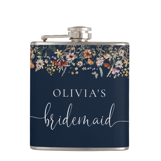 Marineblaue kleine Wildblumen-Braut-Party-Flasche Flachmann (Vorderseite)