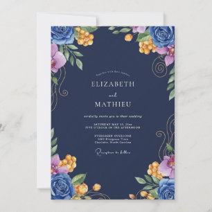 Marineblaue Kobaltblüten-Hochzeit Einladung
