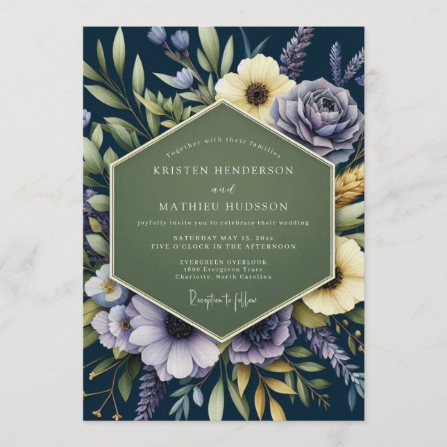 Marineblaue königliche botanische Hochzeit Einladung (Vorderseite)