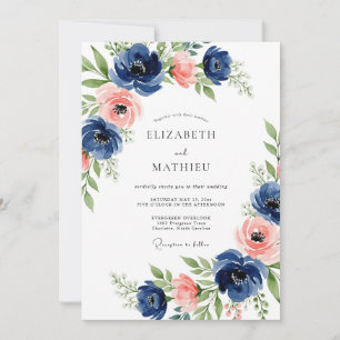 Marineblaue Korallen-Blumenhochzeit Einladung
