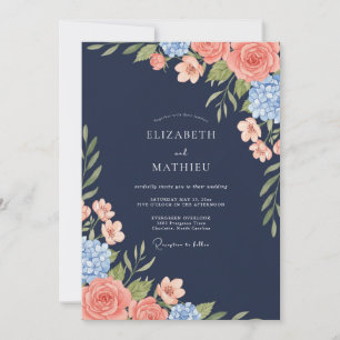 Marineblaue Korallen-Eukalyptus-Hochzeit Einladung