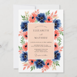 Marineblaue Korallenblüten-Hochzeit im Sommer Einladung