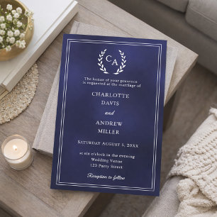 Marineblaue Kranz monogrammierte einfache Hochzeit Einladung
