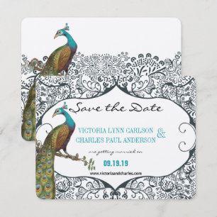 Marineblaue Launenpfau-Liebesvogel-Save-the-Date Einladung