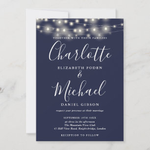 Marineblaue Lichterkette Skript Foto-Hochzeit Einladung