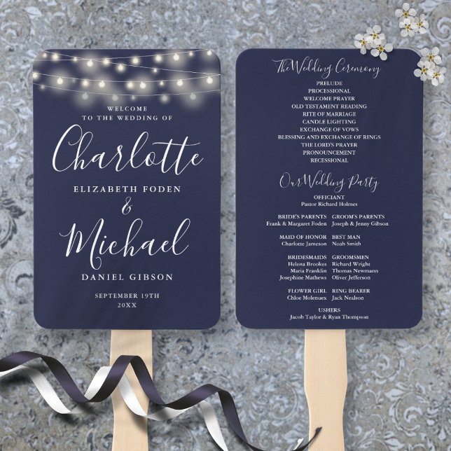 Marineblaue Lichterkette Skript Hochzeitsprogramm Fächer (Navy Blue String Lights Script Wedding Program Hand Fan)