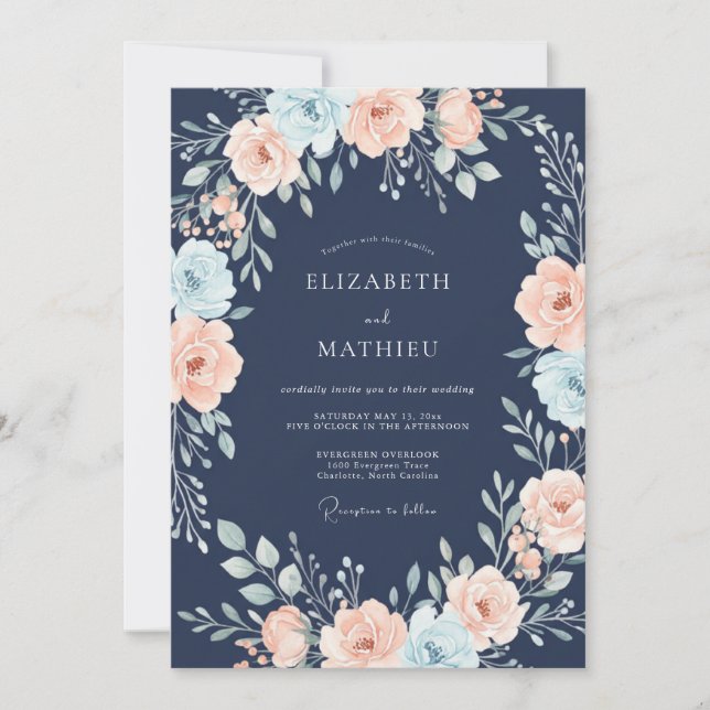 Marineblaue malerische Blumenhochzeit Einladung (Vorderseite)