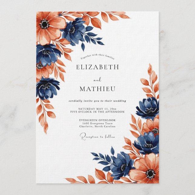 Marineblaue malerische Blütenhochzeit Einladung (Vorderseite)