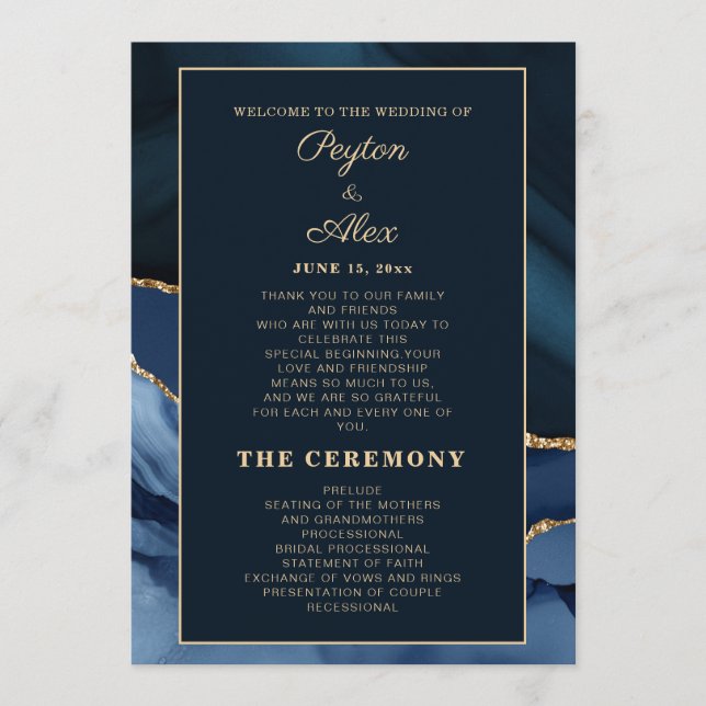 Marineblaue Marmor-Hochzeitsprogramm Brautparty  Programm (Vorderseite)