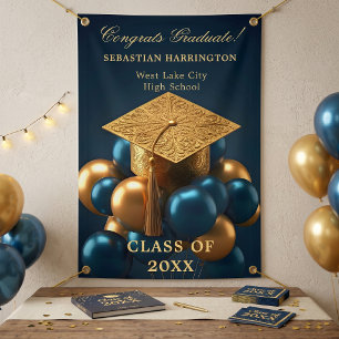 Marineblaue metallische goldene Ballon-Abschlussfe Banner