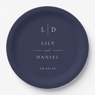 Marineblaue Minimalistische Monogramm-Hochzeit Pappteller